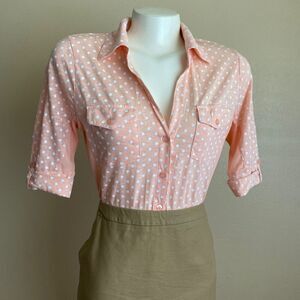 Y2K 2000s Bongo NWT Size L Top Peach Pink Polka Dot Collar Button Down Roll Tab